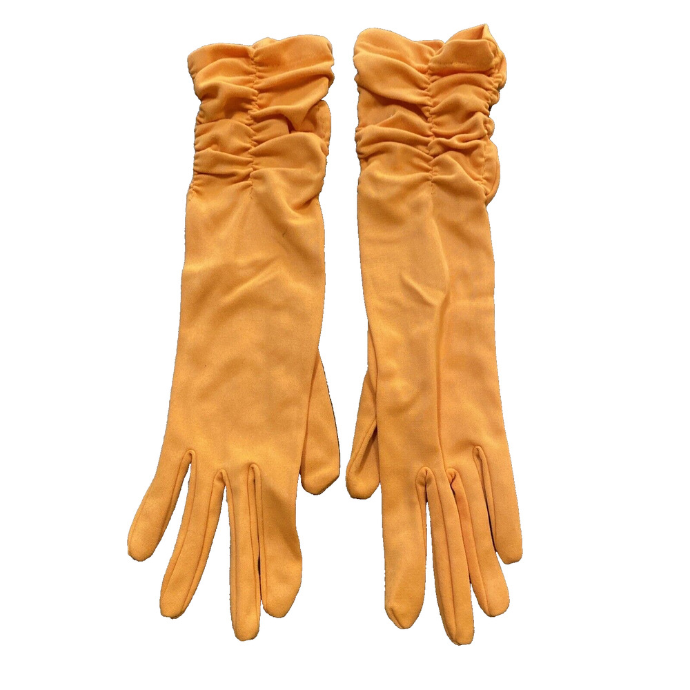 Vintage Dressy Orange Stretch Textile Gloves Ruched Elastic Wrist One Size 1960s